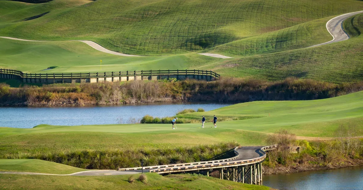 Golfers enjoy a round on a scenic, rolling golf course community featuring pristine fairways, tranquil water features, and charming wooden bridges.