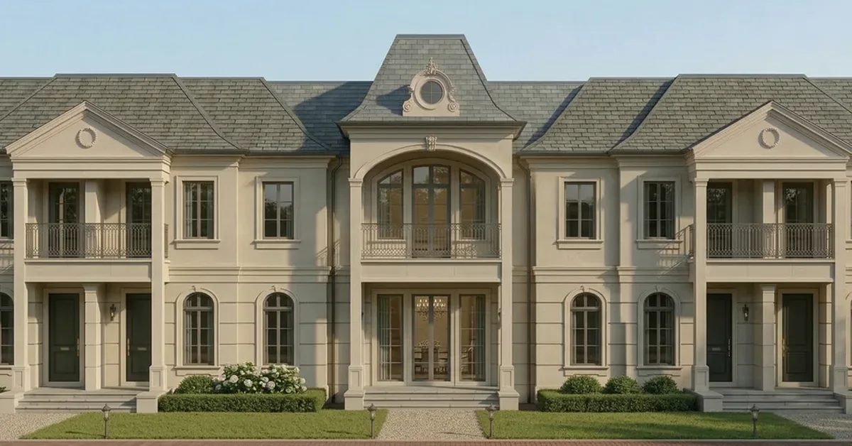 Grand two-story French Classical mansion with cream stucco facade, arched windows, ornate balconies, and slate roof set amid manicured landscaping.
