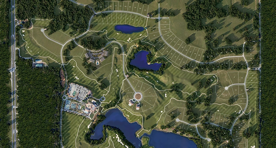 Aerial master plan of IronCrest showing neighborhoods, The Club at Iron Lake, golf course, lakes, and homesites.