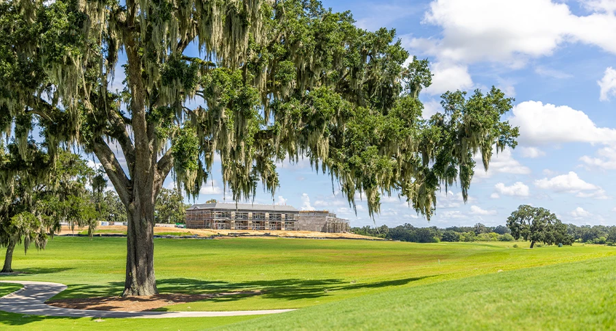 Golf course beneath moss-draped live oaks with construction in the distance at IronCrest.