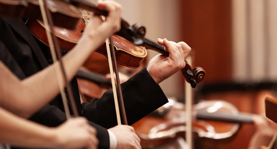 Close-up of string musicians performing with violins during a live arts and culture event.